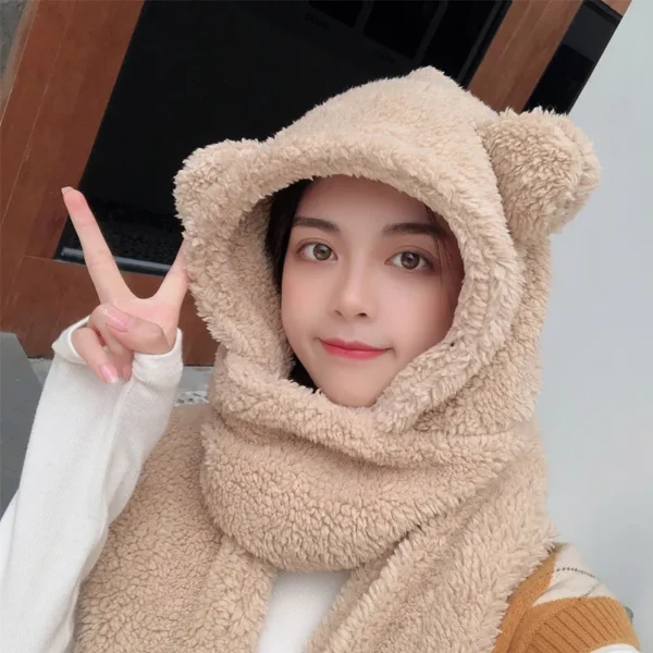 New Fashion Beanies Caps Winter Woman Scarf Cute Bear Ear Hat Girls Warm Head Hood Plush Hat Scarf Set Casual Women Bonnet Caps - Image 3