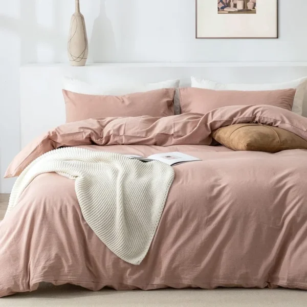 100% Washed Cotton 3 Pcs Soft Comfy Breathable Chic Linen Feel Bedding, 1 Duvet Cover and 2 Pillow Shams