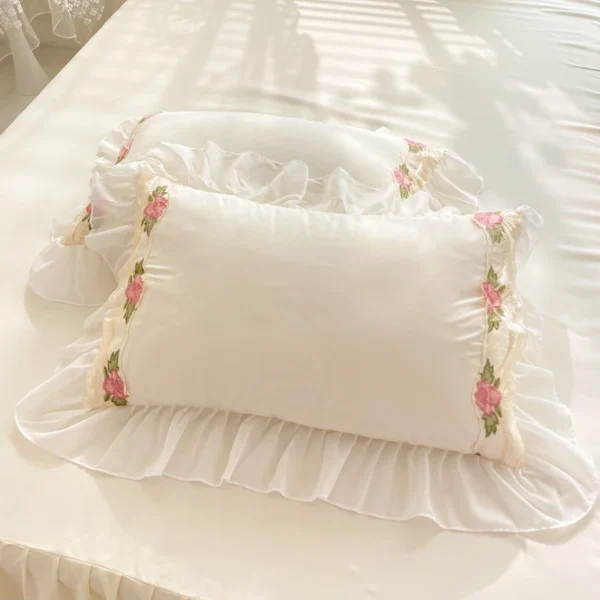 Korean Princess Bedding Set Flowers Lace Ruffles Duvet Cover Set Bed Sheet Pillowcase Solid Color Bed Linen for Girls Queen Size - Image 5