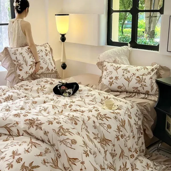 French Retro Light Luxury Washed Cotton Four Piece Set Bedroom Lace Duvet Set Single Bedding Set Dormitory Bed Linen