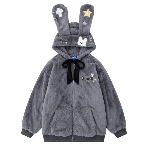 2024 New in Winter Coats Female Kawaii Plush Rabbit Ears Hooded Jacket Women Loose Casual Cute Y2k Padded Zip Hoodies Outerwears - Image 6