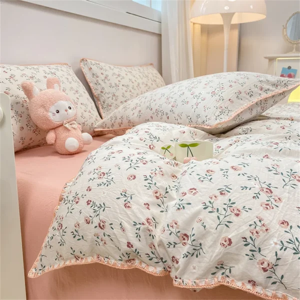 Romantic Floral Bedding Set Washed Cotton Bed Sheet Single Double Size Girls Woman Duvet/Comforter Cover Pillowcase Bed Linens - Image 2