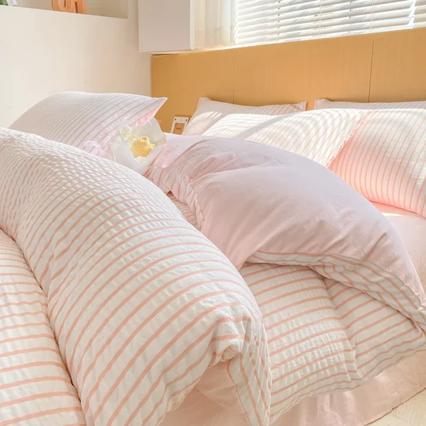 Ins Style Bedding Set Pink Duvet Cover Wash Cotton Stripe Soft Bed Sheet Girls Kids Quilt Cover Single Full Queen Size Bedspread