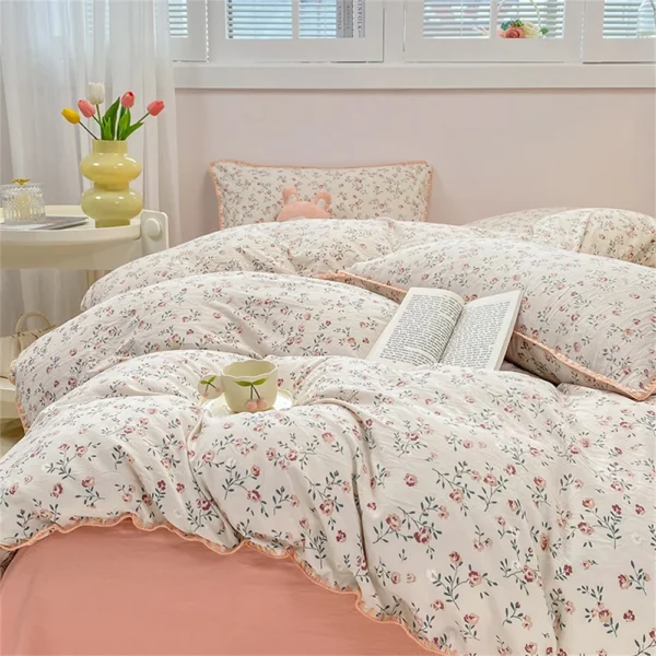 Romantic Floral Bedding Set Washed Cotton Bed Sheet Single Double Size Girls Woman Duvet/Comforter Cover Pillowcase Bed Linens - Image 3