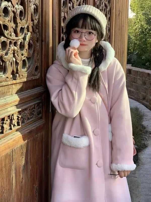 Japanese Kawaii Lolita Wool Coat Women Pink Sweet Pockets Cute Hooded Jackets Female Korean Casual Loose Coat Warm Winter 2024 - Image 4