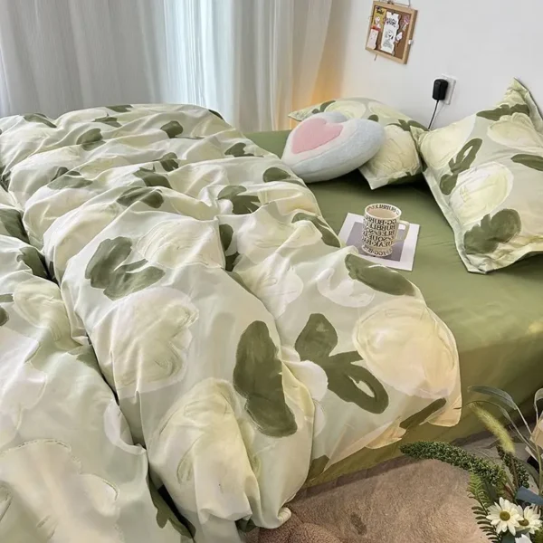 Green Floral Korean Style Duvet Cover Set No Filler Pillowcase Flat Sheet Twin Queen Size Boys Grils Romantic Bedding Kit - Image 3