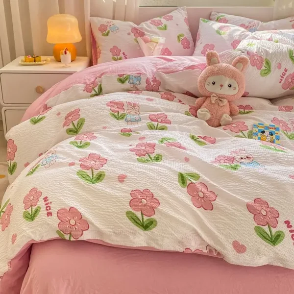 Pink Strawberry Bedding Set Soft 3/4pcs Bed Sheet Flower Duvet Cover Washed Cotton Comforter Cover For Child Kids Home Decor - Image 4