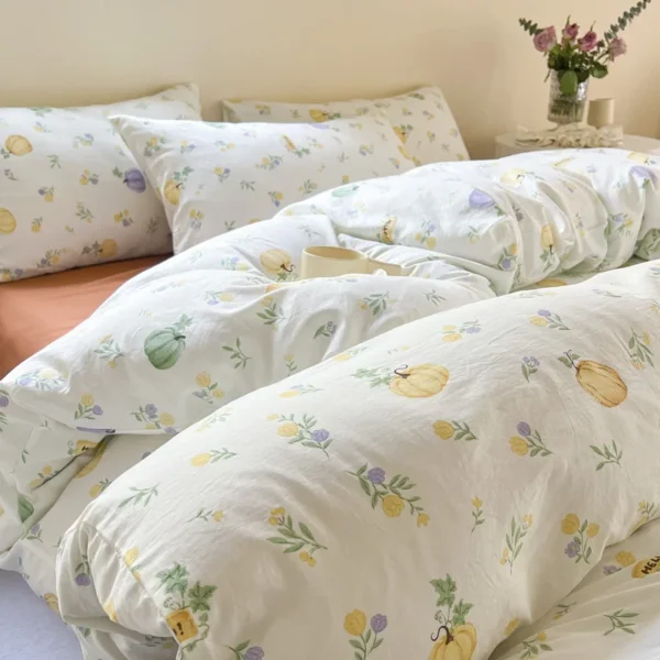 Simple White Duvet Cover Set with Pillowcases No Filling Pumpkin Floral Home Bedding for Adults Soft Washed Cotton Bed Linens - Image 3