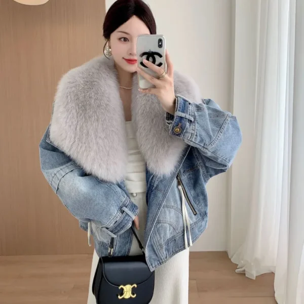 Imitation Fox Fur Denim Jacket Women's Overcoat Fashion Blue Fur Collar Cotton-Padded Jacket Liner Jeans Coat 2023 New Winter - Image 5