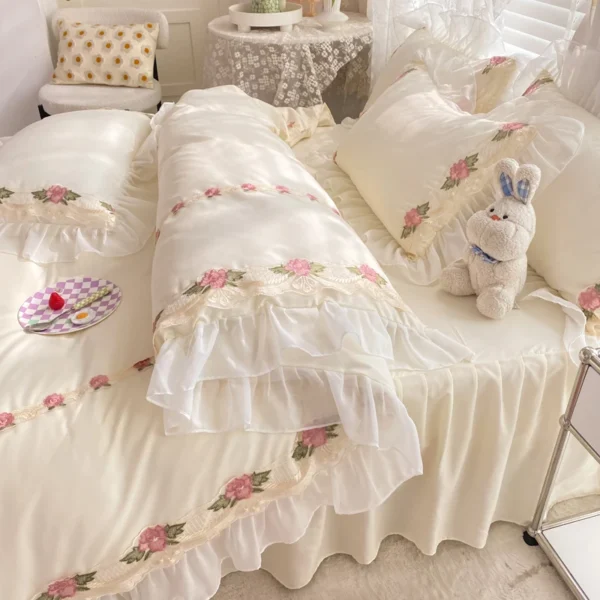 Korean Princess Bedding Set Flowers Lace Ruffles Duvet Cover Set Bed Sheet Pillowcase Solid Color Bed Linen for Girls Queen Size - Image 4