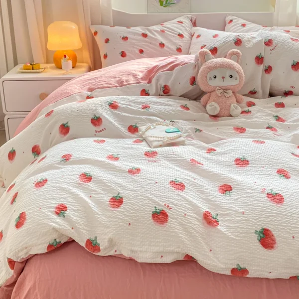 Ins Pink Strawberry Cute Bedding Set Cartoon Fruit Duvet Cover Soft Queen Full Size Flat Bed Sheet Girls Quilt Cover Pillowcase