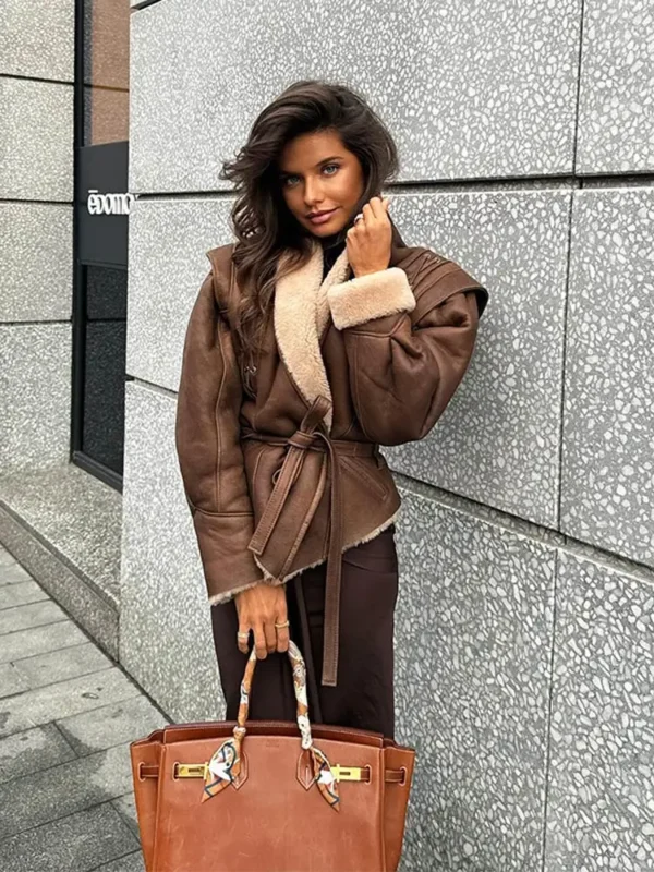 Women Elegant Irregular Hem Plush Lapel Coats Fashion Lace Up Pocket Long Sleeved Jacket 2024 Autumn Winter New Warm Outwear