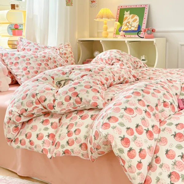 Korean Girls Cherry Bedding Set, Soft Cotton Bed Sheet, Quilt Cover, Pillowcase, Bed Linens, Comforter Sets - Image 2