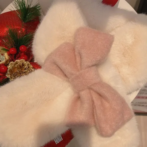 Japanese Sweet Hot Girl Pink Bow Neck Scarf Women's Autumn/Winter Faux Fur Cute Fury Scarf Fashion Female Trendy Accessories - Image 5