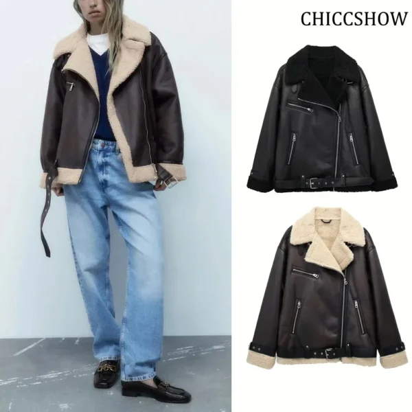 Woman's Thick Warm Double Faced Faux Shearling Jacket Fall Winter New Lapel Long Sleeve Belted Hem Zip Closure Female Outerwear