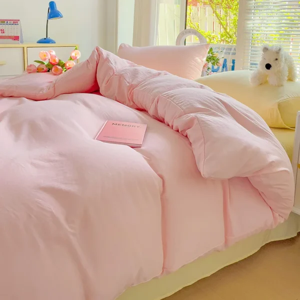 Ins Pink Yellow Princess Bedding Set Soft Wash Cotton Bedclothes Pillowcases Flat Sheets Solid Color Quilt Cover for Girls Kids - Image 6