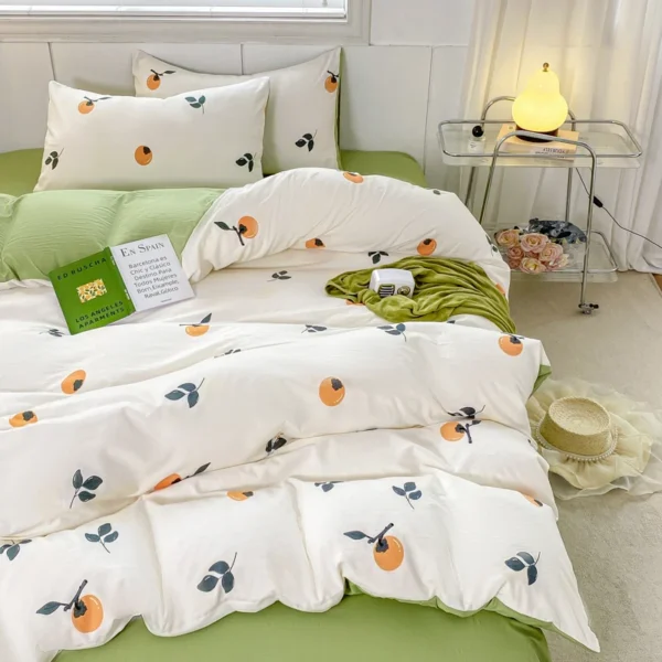 INS Girls Bedding Set Soft Washed Cotton Bed Sheet Full Queen Size Cute Orange Quilt Cover Pillowcase Green Bed Linens - Image 3