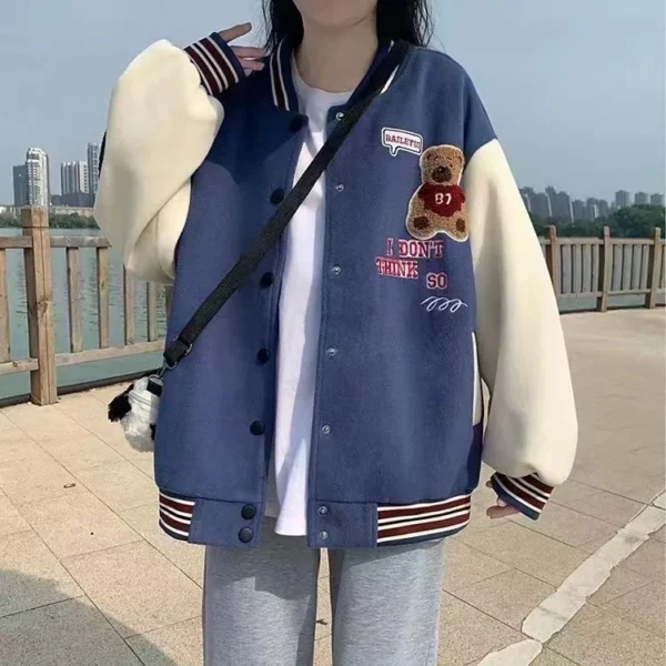 Autumn and Winter New Padded and Thickened Baseball Jacket Female Bear Loose Couple Jacket - Image 2