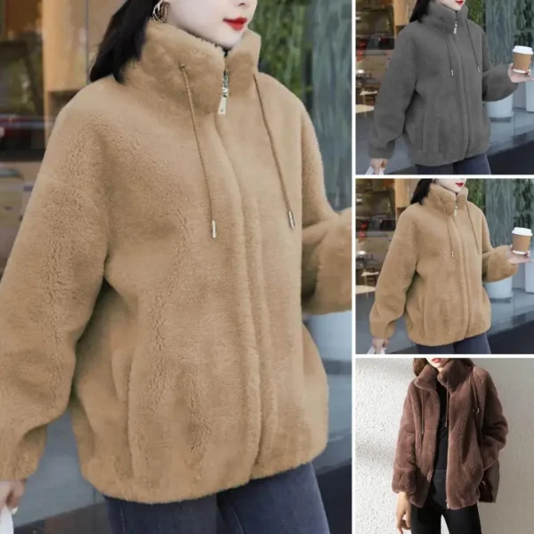 Winter Fleece Zipper Coat Plush Warm Cardigan Women's Winter Coat with Stand Collar Drawstring Zipper Placket Stylish Fleece - Image 3