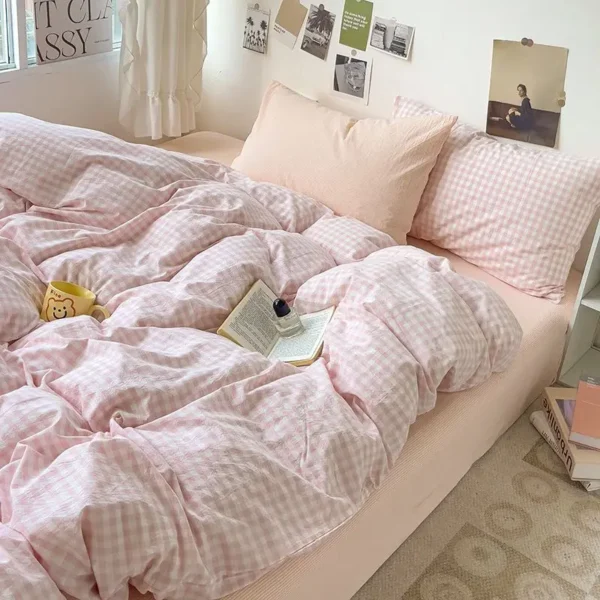 New Lattice Duvet Cover Set with Sheet Pillowcase Washed Cotton Bed Linen Twin Full Queen Size Grid Home Adults Girl Bedding Set - Image 2