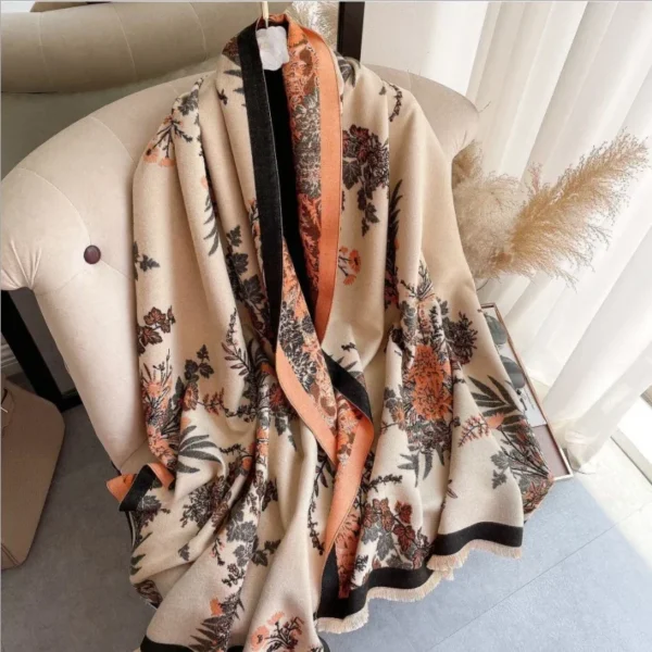 2024 Elegant Floral Painting Cashmere Scarf for Women Warm Winter Pashmina Shawl Foulard Femme Blanket Scarves Wraps - Image 3