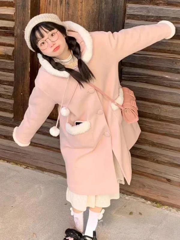 Japanese Kawaii Lolita Wool Coat Women Pink Sweet Pockets Cute Hooded Jackets Female Korean Casual Loose Coat Warm Winter 2024 - Image 5