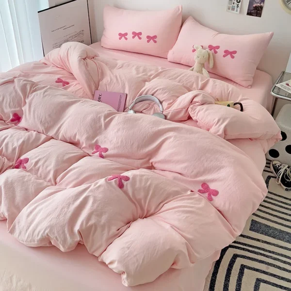 Girly Bow-knot Duvet Cover Set Pink Polyester Comforter Cover Soft Quilt Cover Girls Bedroom Decor Bedding Set with 2 Pillowcase - Image 2