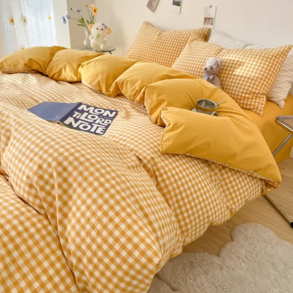 Yellow Lattice Duvet Cover Set with Sheet Pillowcases Soft Washed Cotton Bed Linen Twin Full Queen Size Grid Home Bedding Set - Image 2