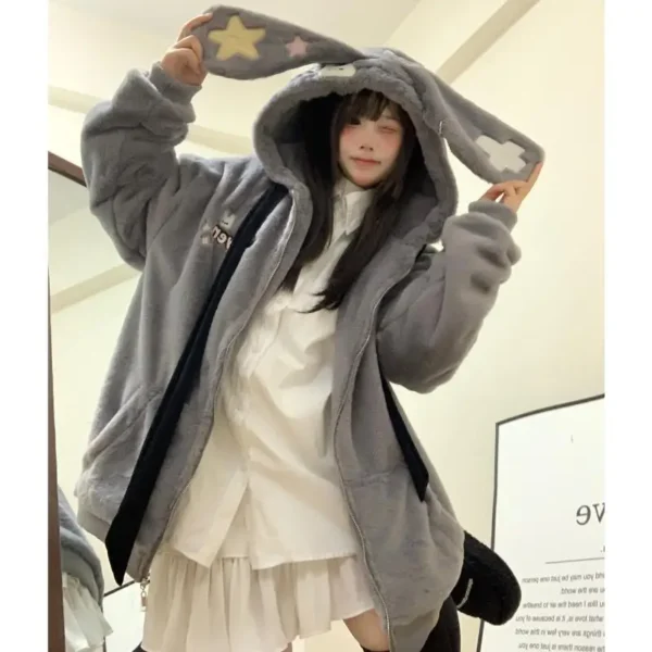 2024 New in Winter Coats Female Kawaii Plush Rabbit Ears Hooded Jacket Women Loose Casual Cute Y2k Padded Zip Hoodies Outerwears - Image 3