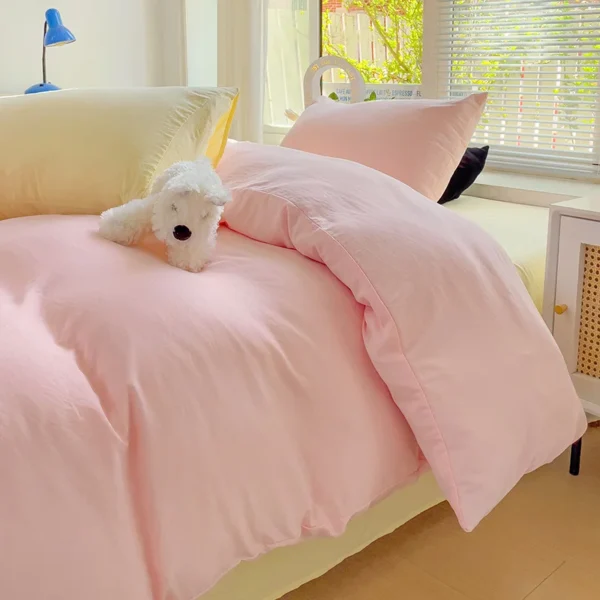 High Quality Washed Cotton Solid Color Bedding Set Ins Kawaii Pink Yellow Girls Duvet Cover Flat Sheet Pillowcase Bed Linens - Image 5