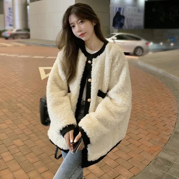 Loose Fashion O-Neck Single Breasted Berber Fleece Overcoat Autumn Winter Korean Version Women's Overcoat Temperament All-match - Image 4