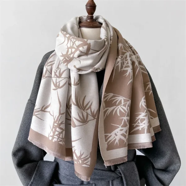 2024 Bamboo Leaf Print Fashion Winter Ourdoor Women Scarf Cashmere Thicken Warm Shawl Pashmina Scarves Female Wrap Ladies - Image 4