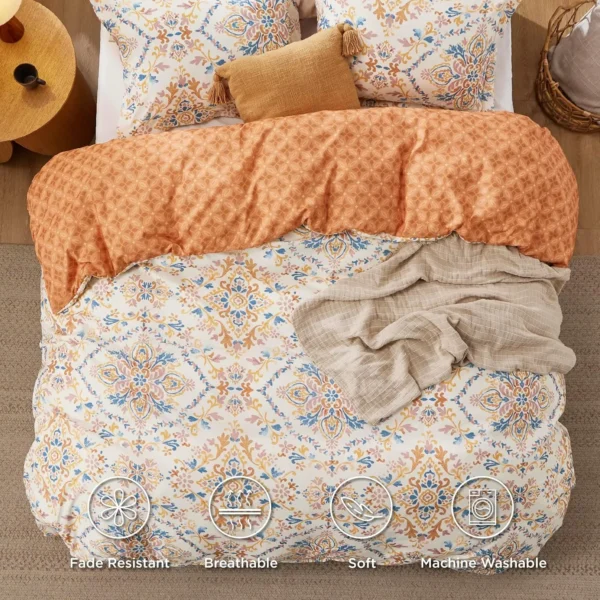 Bedsure Duvet Cover Queen Size - Reversible Bohemian Orange Duvet Cover Set with Zipper Closure, Damask Patterned Bedding - Image 3