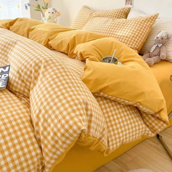 Yellow Lattice Duvet Cover Set with Sheet Pillowcases Soft Washed Cotton Bed Linen Twin Full Queen Size Grid Home Bedding Set