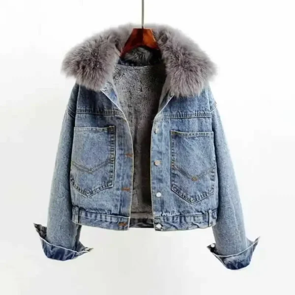 Crop Female Jeans Coat Padded Warm Short with Fur Plush Winter 2024 for Cold Women's Denim Jackets Small Wool Inside Outerwears - Image 6