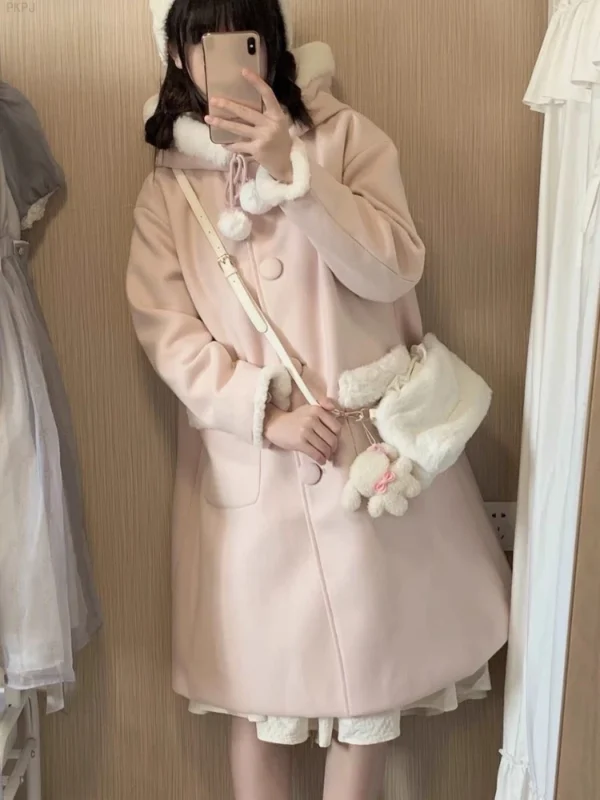 Japanese Kawaii Lolita Wool Coat Women Pink Sweet Pockets Cute Hooded Jackets Female Korean Casual Loose Coat Warm Winter 2024 - Image 2