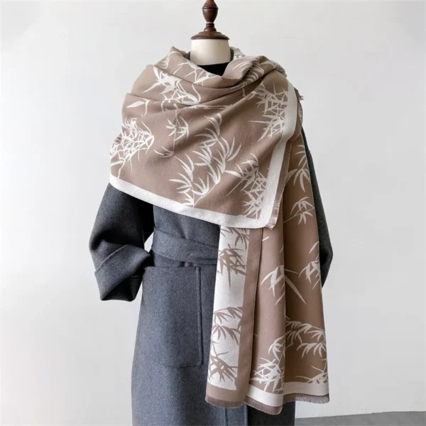 2024 Bamboo Leaf Print Fashion Winter Ourdoor Women Scarf Cashmere Thicken Warm Shawl Pashmina Scarves Female Wrap Ladies