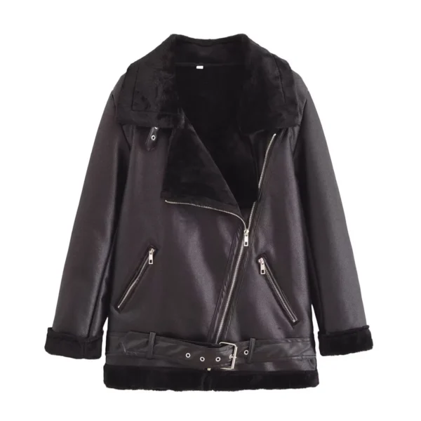 Autumn Fur One-Piece Coat, Women's Lambhair Motorcycle Jacket With Thickened Leather And Plush, Wind-Driven Motorcycle Suit