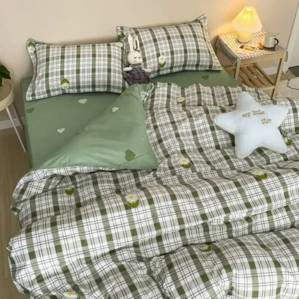 Green Series Flower Bedding Set INS Girls Duvet Cover Pillowcase Flat Sheet Soft Bed Linens Home Textile Queen King Size