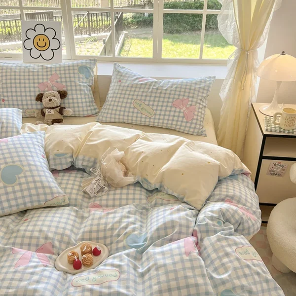 Cotton Kawaii Pink Bowknot Duvet Cover Girls Room Decor Breathable Comforter Cover with 2 Pillowcases Blue Plaid Striped Bedding - Image 4