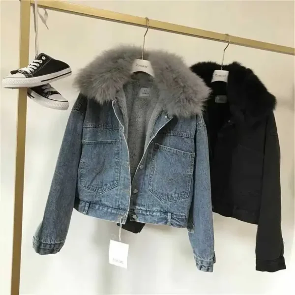 Crop Female Jeans Coat Padded Warm Short with Fur Plush Winter 2024 for Cold Women's Denim Jackets Small Wool Inside Outerwears - Image 2