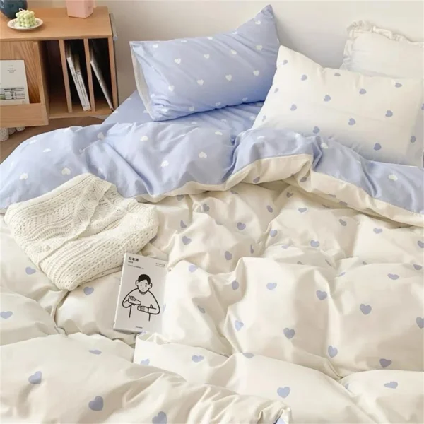 Blue White Heart Duvet Cover Set INS Flower Flat Sheet Pillowcase Floral Girls Boys Bed Linen Twin Queen Size Home Bedding