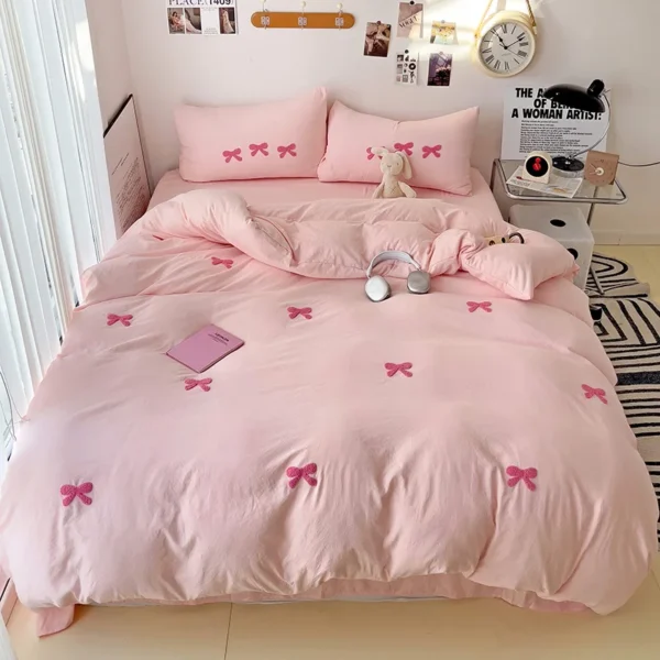 Girly Bow-knot Duvet Cover Set Pink Polyester Comforter Cover Soft Quilt Cover Girls Bedroom Decor Bedding Set with 2 Pillowcase