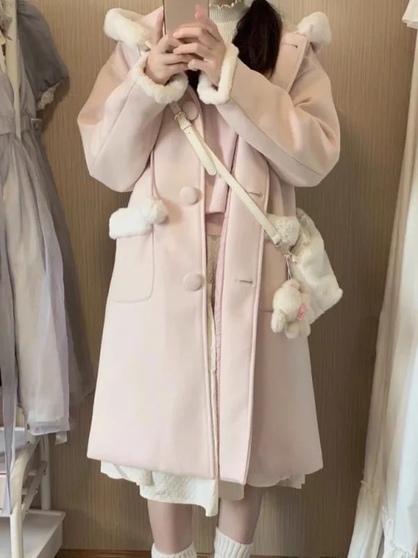 Japanese Kawaii Lolita Wool Coat Women Pink Sweet Pockets Cute Hooded Jackets Female Korean Casual Loose Coat Warm Winter 2024 - Image 3