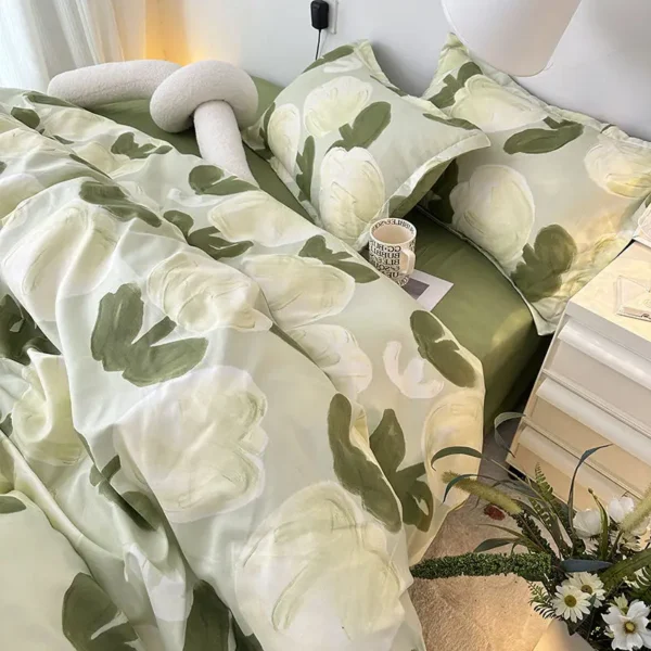 Green Floral Korean Style Duvet Cover Set No Filler Pillowcase Flat Sheet Twin Queen Size Boys Grils Romantic Bedding Kit - Image 4