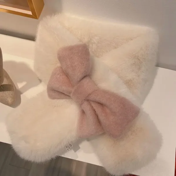 Japanese Sweet Hot Girl Pink Bow Neck Scarf Women's Autumn/Winter Faux Fur Cute Fury Scarf Fashion Female Trendy Accessories - Image 4