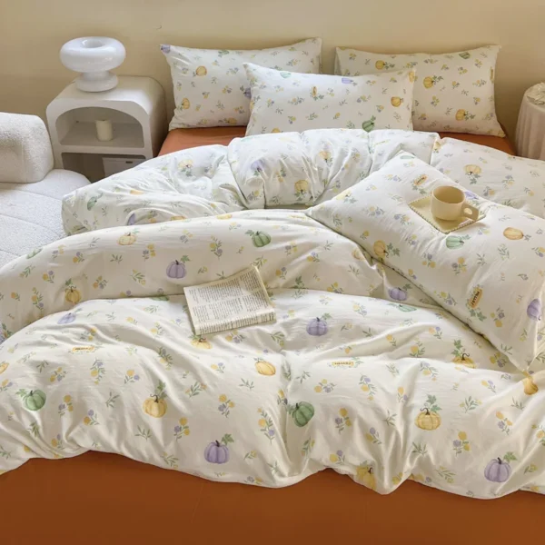 Simple White Duvet Cover Set with Pillowcases No Filling Pumpkin Floral Home Bedding for Adults Soft Washed Cotton Bed Linens - Image 4