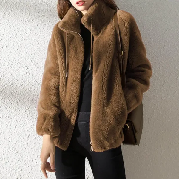 Winter Fleece Zipper Coat Plush Warm Cardigan Women's Winter Coat with Stand Collar Drawstring Zipper Placket Stylish Fleece