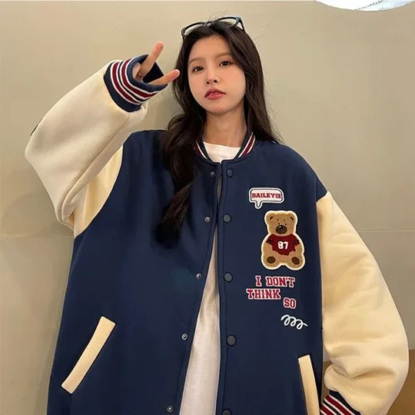 Autumn and Winter New Padded and Thickened Baseball Jacket Female Bear Loose Couple Jacket - Image 5