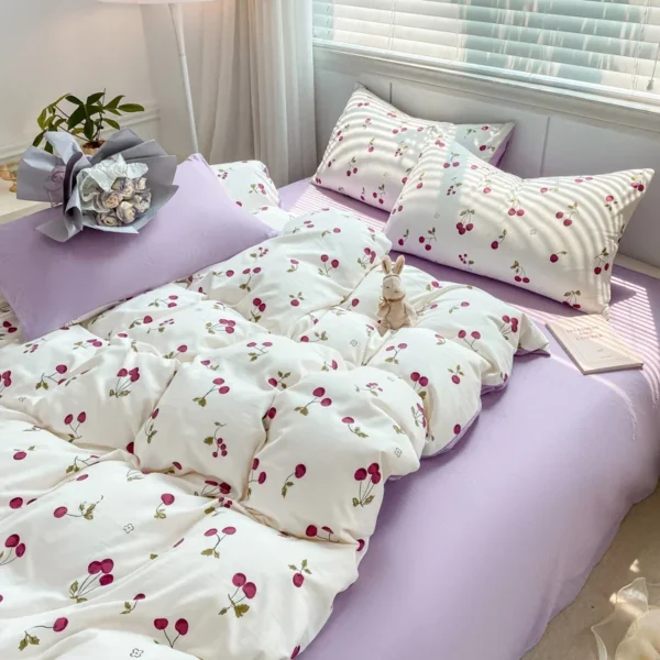 INS Purple Cherry Bedding Set For Girls Boys Double Size Flat Sheet Duvet Cover and Pillowcase Soft Bed Linen Home Textile - Image 2